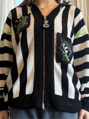 Black & White Striped Zip-Up Beetlejuice Cardigan with Neon Green Accents
